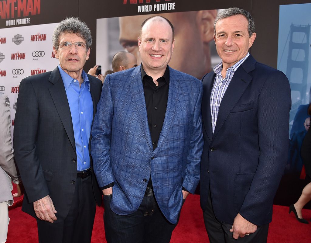 HOLLYWOOD, CA - JUNE 29:  (L-R) Chairman of the Walt Disney Studios Alan Horn, president of Marvel Studios Kevin Feige and The Walt Disney Company Chairman and CEO Robert Iger attend the premiere of Marvel's "Ant-Man" at the Dolby Theatre on June 29, 2015 in Hollywood, California.  (Photo by Kevin Winter/Getty Images)