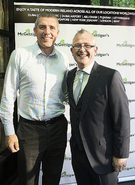 Kevin Walsh Galway Football manager and Dennis McGettigan  at the opening of  McGettigan's Galway located off Eyre Square on Prospect HIll. The venue marks an investment of 2.5meuro and employment  for up to 50 people. McGettigans in Galway joins 10 other McGettigans located in Dubai (3) , Abu Dhabi, Fujairah,Dublin, Limerick, Donegal, Singapore, New York. Two more McGettigans in London and
Bahrain will  open in 2015.
  Photo:Andrew Downes XPOSURE