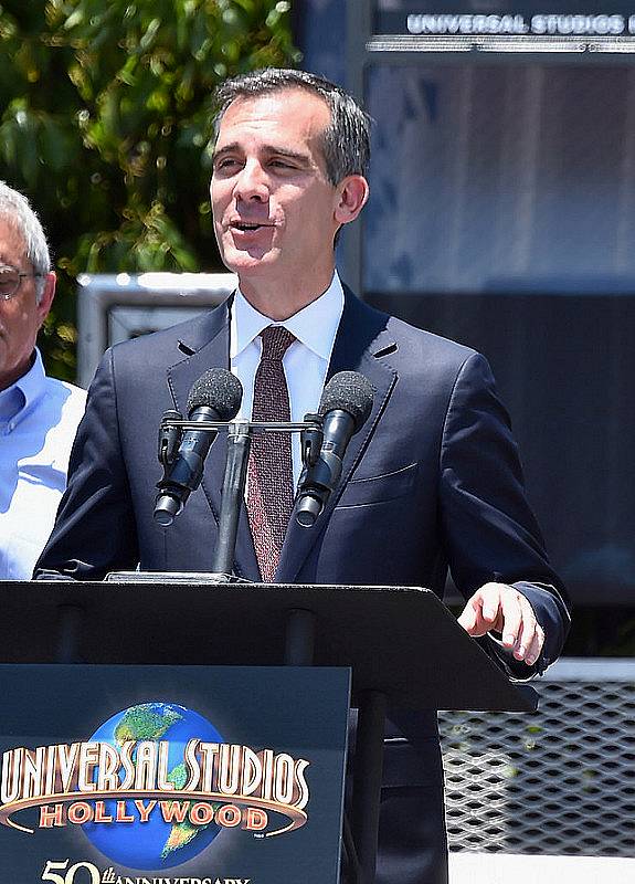 UNIVERSAL CITY, CA - JUNE 23:  Los Angeles Mayor Eric Garcetti attends the premiere press event for the new Universal Studios Hollywood Ride "Fast & Furious-Supercharged" at Universal Studios Hollywood on June 23, 2015 in Universal City, California.  (Photo by Alberto E. Rodriguez/Getty Images)