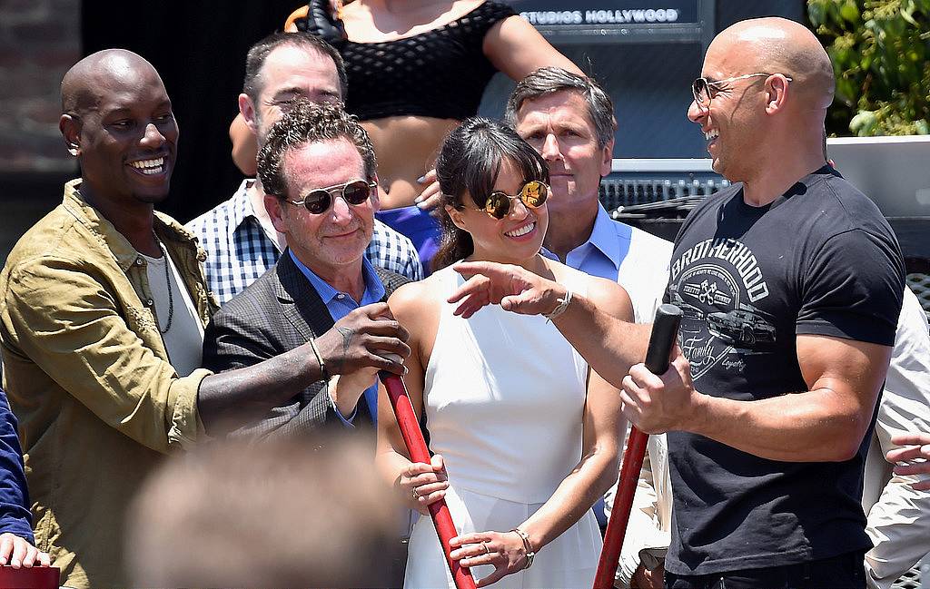 UNIVERSAL CITY, CA - JUNE 23:  Actor Tyrese Gibson, Larry Kurzweil, President & COO Universal Studios Hollywood, actress Michelle Rodriguez and actor Vin Diesel attend the premiere press event for the new Universal Studios Hollywood Ride "Fast & Furious-Supercharged" at Universal Studios Hollywood on June 23, 2015 in Universal City, California.  (Photo by Alberto E. Rodriguez/Getty Images)