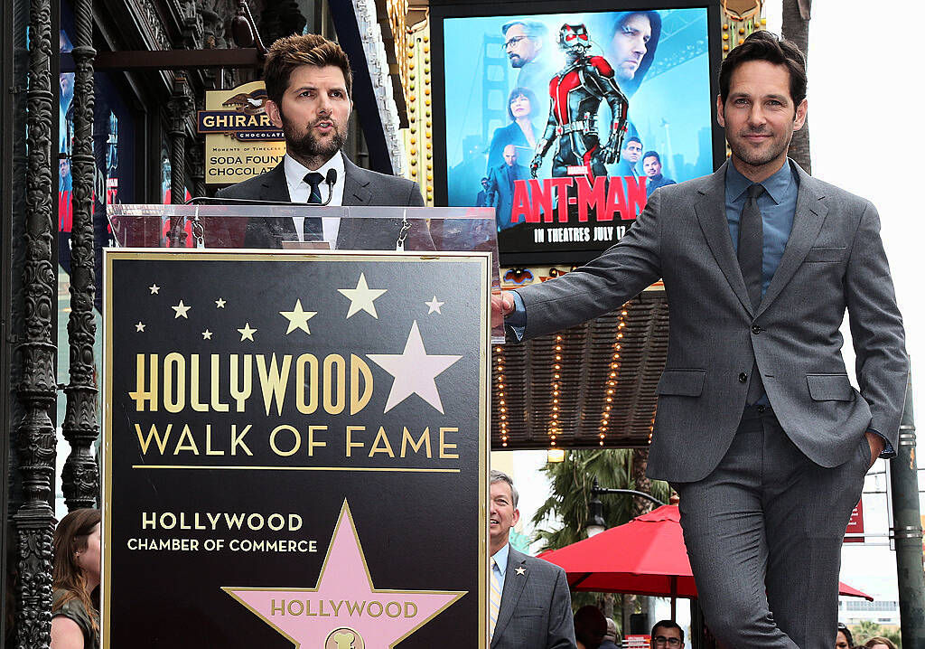 HOLLYWOOD, CA - JULY 01: Actors Adam Scott (L) and Paul Rudd, attend ceremony honoring actor Paul Rudd with a Star on the Hollywood Walk of Fame on July 1, 2015 in Hollywood, California.  (Photo by Frederick M. Brown/Getty Images)