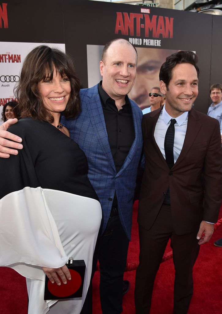 HOLLYWOOD, CA - JUNE 29:  (L-R) Actress Evangeline Lilly, president of Marvel Studios Kevin Feige and actor Paul Rudd attend the premiere of Marvel's "Ant-Man" at the Dolby Theatre on June 29, 2015 in Hollywood, California.  (Photo by Kevin Winter/Getty Images)