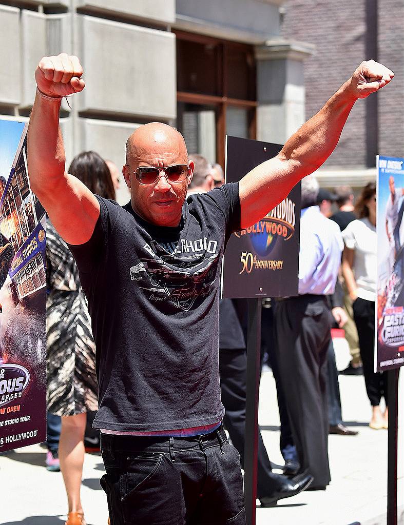 UNIVERSAL CITY, CA - JUNE 23:  Actor Vin Diesel attends the premiere press event for the new Universal Studios Hollywood Ride "Fast & Furious-Supercharged" at Universal Studios Hollywood on June 23, 2015 in Universal City, California.  (Photo by Alberto E. Rodriguez/Getty Images)