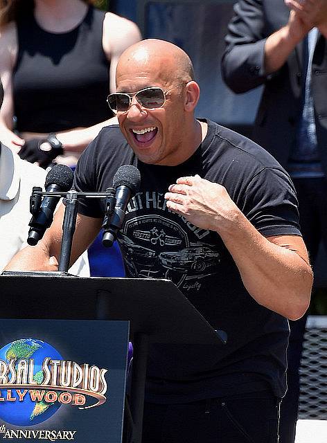 UNIVERSAL CITY, CA - JUNE 23:  Actor Vin Diesel attends the premiere press event for the new Universal Studios Hollywood Ride "Fast & Furious-Supercharged" at Universal Studios Hollywood on June 23, 2015 in Universal City, California.  (Photo by Alberto E. Rodriguez/Getty Images)