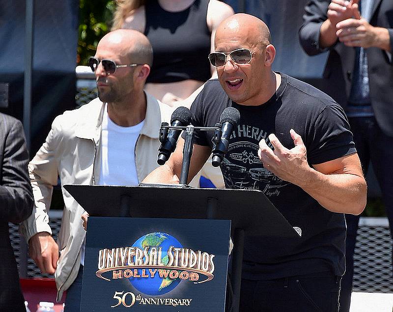 UNIVERSAL CITY, CA - JUNE 23:  Actors Jason Statham and Vin Diesel attend the premiere press event for the new Universal Studios Hollywood Ride "Fast & Furious-Supercharged" at Universal Studios Hollywood on June 23, 2015 in Universal City, California.  (Photo by Alberto E. Rodriguez/Getty Images)