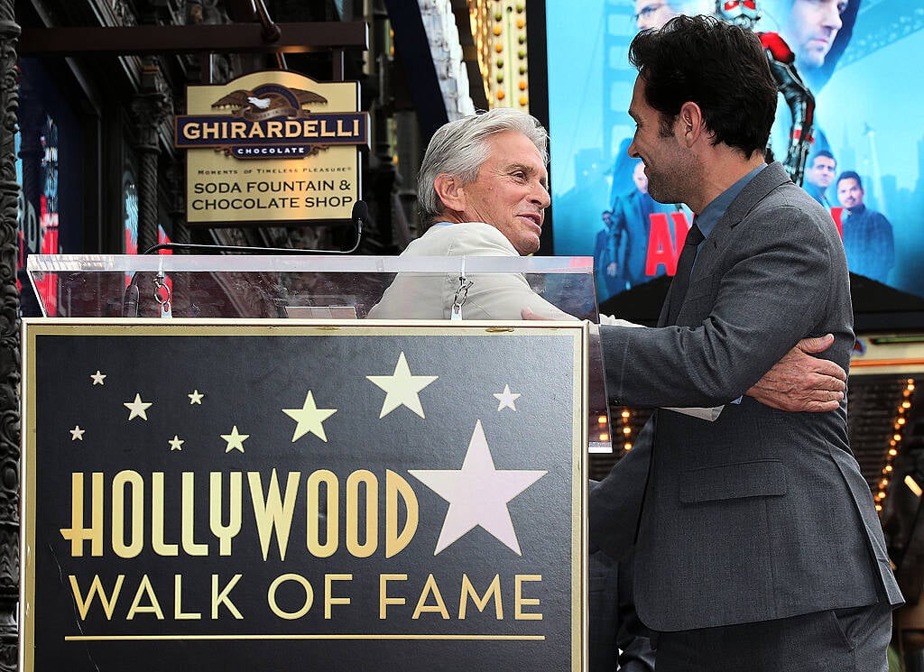 HOLLYWOOD, CA - JULY 01: Actors Michael Douglas, (L) and Paul Rudd attend ceremony honoring actor Paul Rudd with a Star on the Hollywood Walk of Fame on July 1, 2015 in Hollywood, California.  (Photo by Frederick M. Brown/Getty Images)