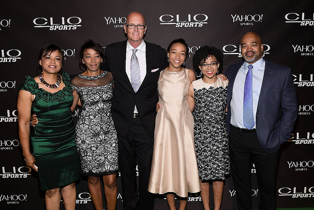 NEW YORK, NY - JULY 08:  (L-R) Cynthia Scott,Susan Scott,Scott Van Pelt, Taelor Scott,Sydni Scott and  Stephen Scott attend the 2015 CLIO Sports Awards at Cipriani 42nd Street on July 8, 2015 in New York City.  (Photo by Jamie McCarthy/Getty Images for CLIO Sports Awards)