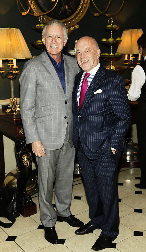 Mark Cagney and Louis Copeland at the inaugural National Tailoring Academy at Louis Copeland Graduate Fashion Show held in No 10 Ormand Quay-photo Kieran Harnett