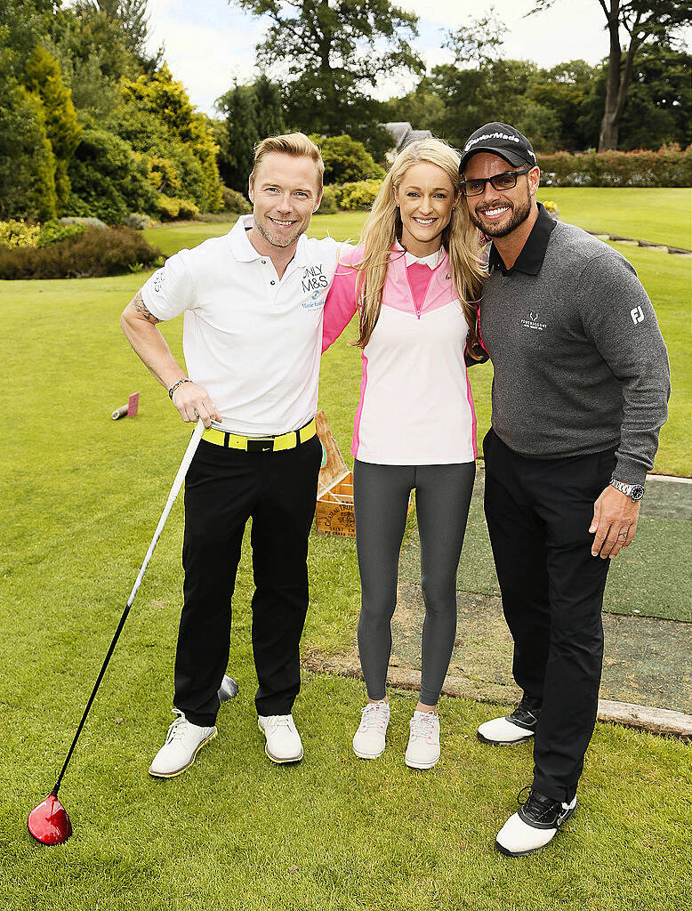 Ronan Keating and Storm Uechtritz with Keith Duffy at the 2015 Marks & Spencer Ireland Marie Keating Foundation Celebrity Golf Classic  -photo Kieran Harnett
