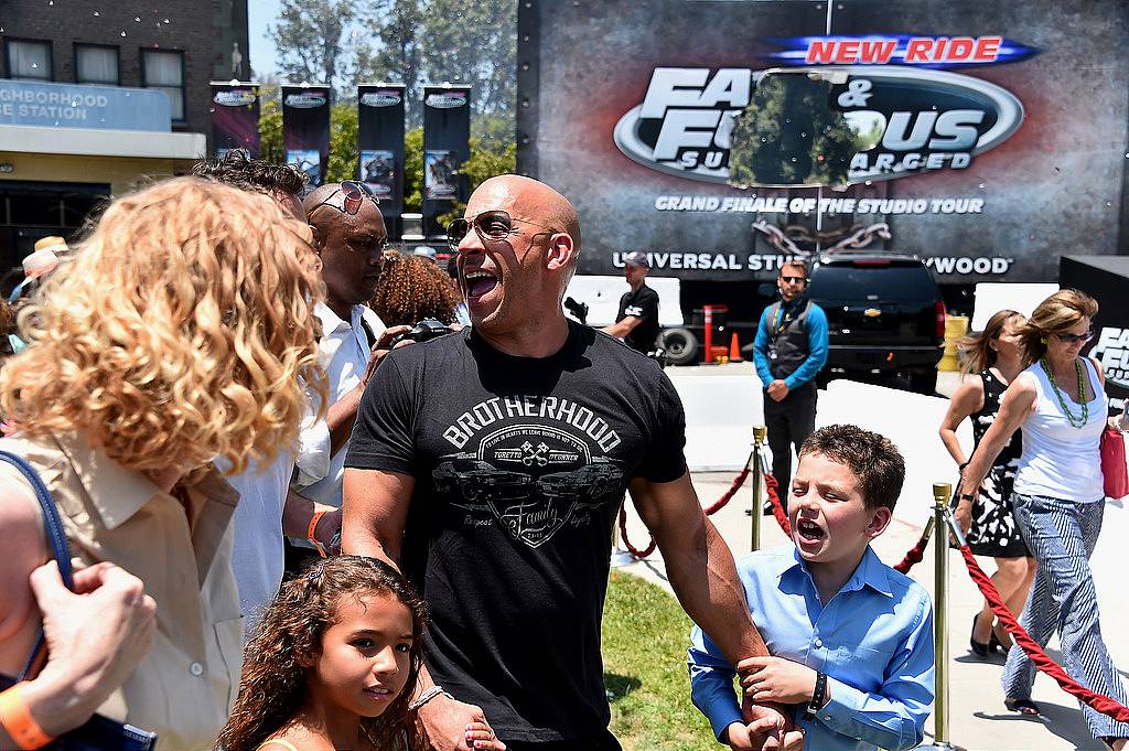 UNIVERSAL CITY, CA - JUNE 23:  Actor Vin Diesel attends the premiere press event for the new Universal Studios Hollywood Ride "Fast & Furious-Supercharged" at Universal Studios Hollywood on June 23, 2015 in Universal City, California.  (Photo by Alberto E. Rodriguez/Getty Images)