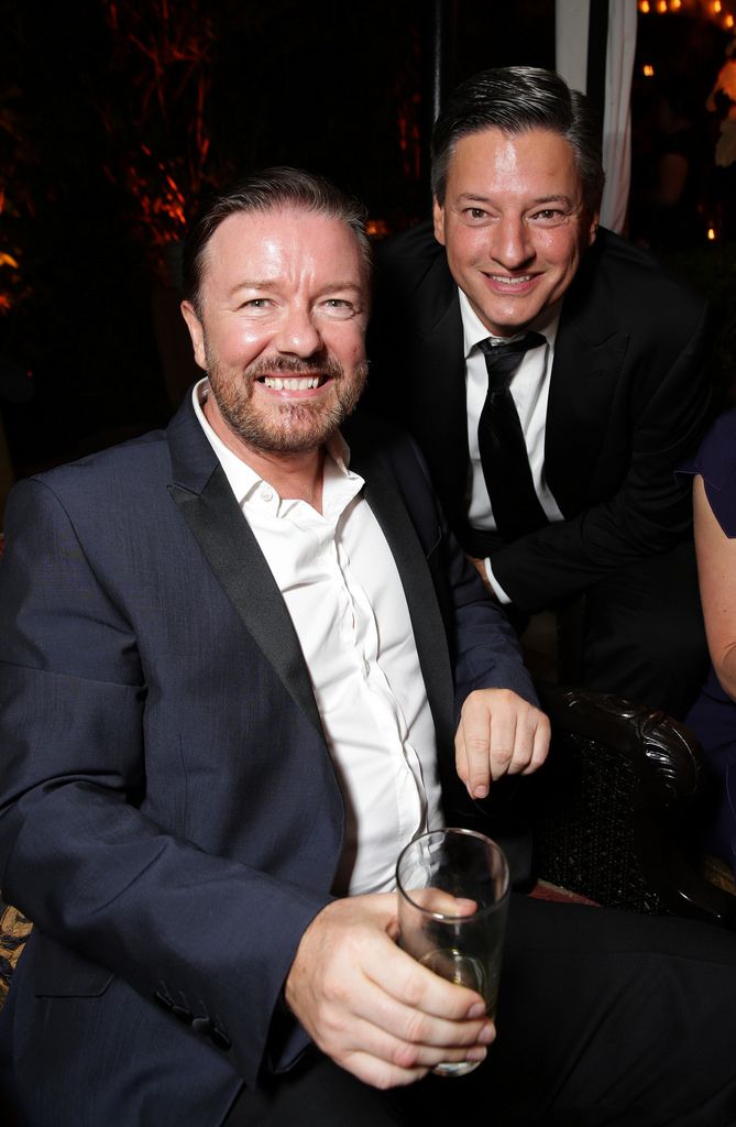 Ricky Gervais and Ted Sarandos , Chief Content Officer of Netflix Inc., seen at the Netflix Celebration of the 66th Primetime Emmy Awards held at the Chateau Marmont on Monday, August 25, 2014, in Los Angeles. (Photo by Eric Charbonneau/Invision for Netflix]/AP Images)