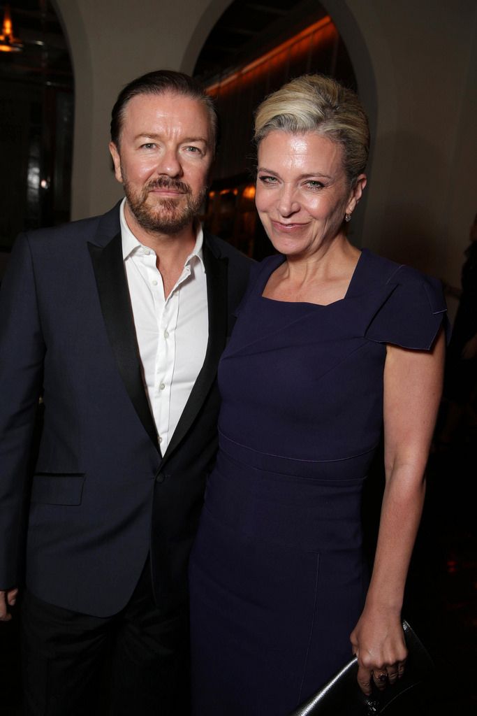 Ricky Gervais and Jane Fallon seen at the Netflix Celebration of the 66th Primetime Emmy Awards held at the Chateau Marmont on Monday, August 25, 2014, in Los Angeles. (Photo by Eric Charbonneau/Invision for Netflix]/AP Images)