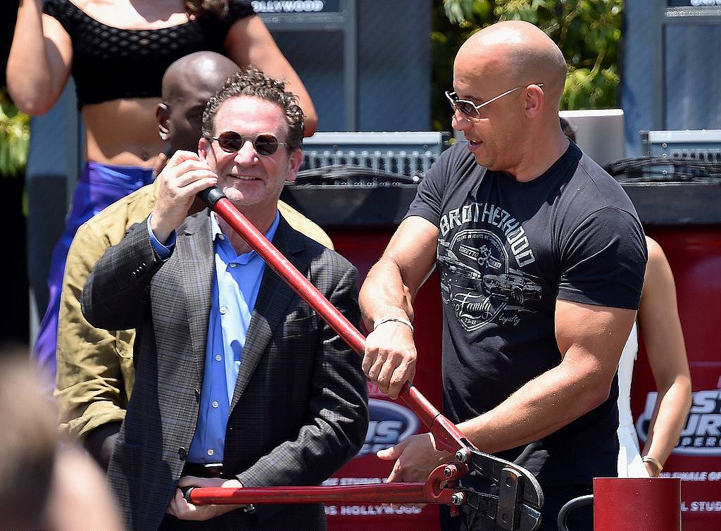 UNIVERSAL CITY, CA - JUNE 23:  Larry Kurzweil, President & COO Universal Studios Hollywood and actor Vin Diesel attend the premiere press event for the new Universal Studios Hollywood Ride "Fast & Furious-Supercharged" at Universal Studios Hollywood on June 23, 2015 in Universal City, California.  (Photo by Alberto E. Rodriguez/Getty Images)