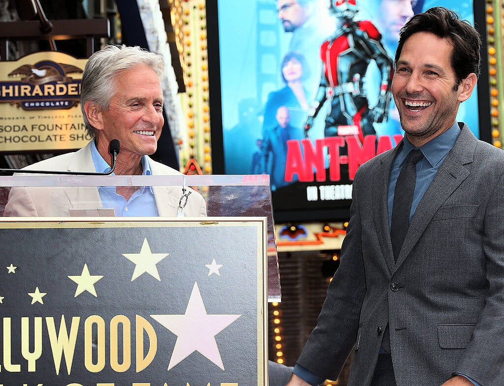 HOLLYWOOD, CA - JULY 01: Actors Michael Douglas, (L) and Paul Rudd attend ceremony honoring actor Paul Rudd with a Star on the Hollywood Walk of Fame on July 1, 2015 in Hollywood, California.  (Photo by Frederick M. Brown/Getty Images)