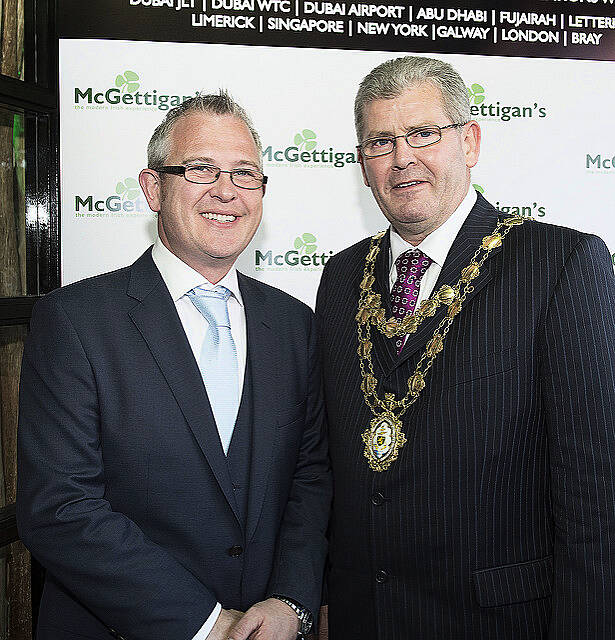 Dennis McGettigan and Mayor of AGlway Cllr Frank Fahy at the opening of  McGettigan's Galway located off Eyre Square on Prospect HIll. The venue marks an investment of 2.5meuro and employment  for up to 50 people. McGettigans in Galway joins 10 other McGettigans located in Dubai (3) , Abu Dhabi, Fujairah,Dublin, Limerick, Donegal, Singapore, New York. Two more McGettigans in London and
Bahrain will  open in 2015.
  Photo:Andrew Downes XPOSURE