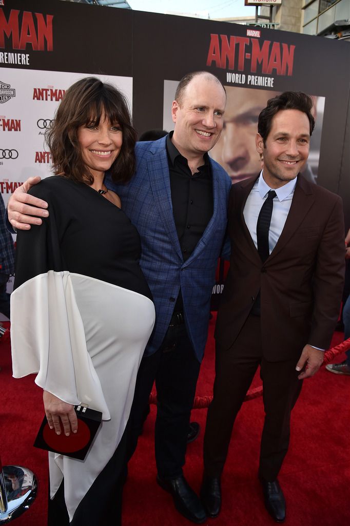 HOLLYWOOD, CA - JUNE 29:  (L-R) Actress Evangeline Lilly, president of Marvel Studios Kevin Feige and actor Paul Rudd attend the premiere of Marvel's "Ant-Man" at the Dolby Theatre on June 29, 2015 in Hollywood, California.  (Photo by Kevin Winter/Getty Images)