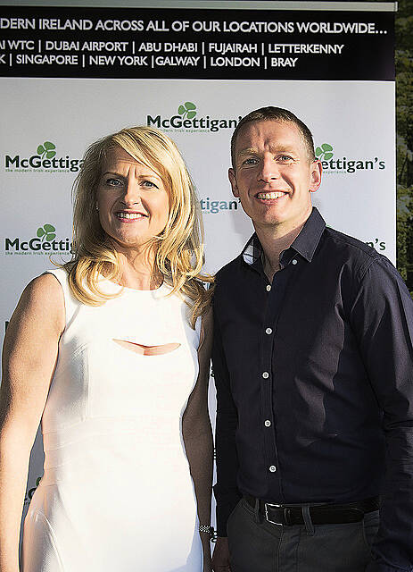 Lorraine McGettigan  with Ollie Canning at the opening of  McGettigan's Galway located off Eyre Square on Prospect HIll. The venue marks an investment of 2.5meuro and employment  for up to 50 people. McGettigans in Galway joins 10 other McGettigans located in Dubai (3) , Abu Dhabi, Fujairah,Dublin, Limerick, Donegal, Singapore, New York. Two more McGettigans in London and
Bahrain will  open in 2015.
  Photo:Andrew Downes XPOSURE