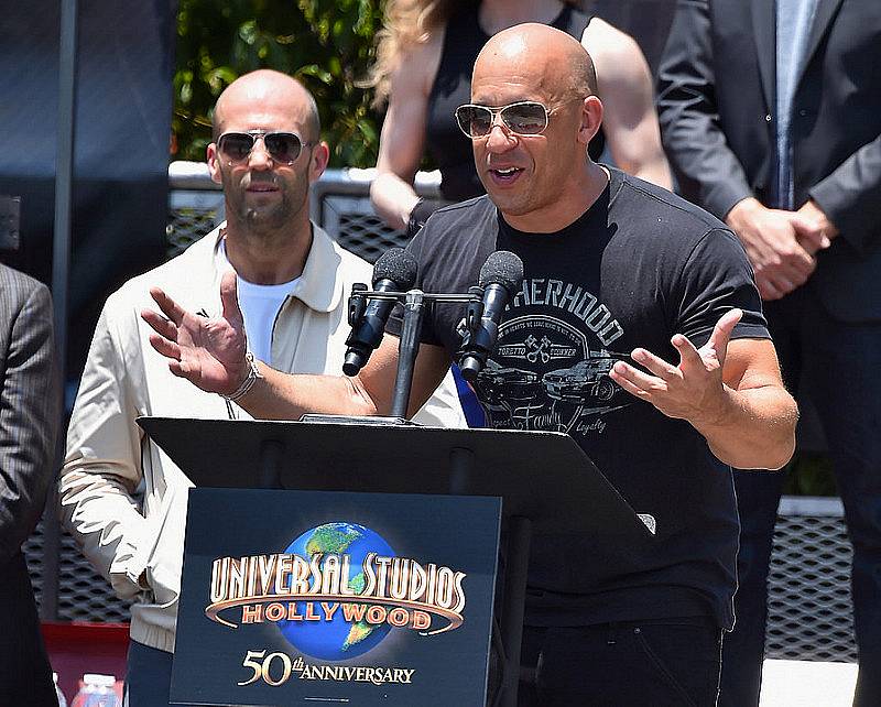 UNIVERSAL CITY, CA - JUNE 23:  Actors Jason Statham and Vin Diesel attend the premiere press event for the new Universal Studios Hollywood Ride "Fast & Furious-Supercharged" at Universal Studios Hollywood on June 23, 2015 in Universal City, California.  (Photo by Alberto E. Rodriguez/Getty Images)