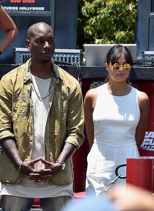 UNIVERSAL CITY, CA - JUNE 23:  Actors Tyrese Gibson and Michelle Rodriguez attend the premiere press event for the new Universal Studios Hollywood Ride "Fast & Furious-Supercharged" at Universal Studios Hollywood on June 23, 2015 in Universal City, California.  (Photo by Alberto E. Rodriguez/Getty Images)