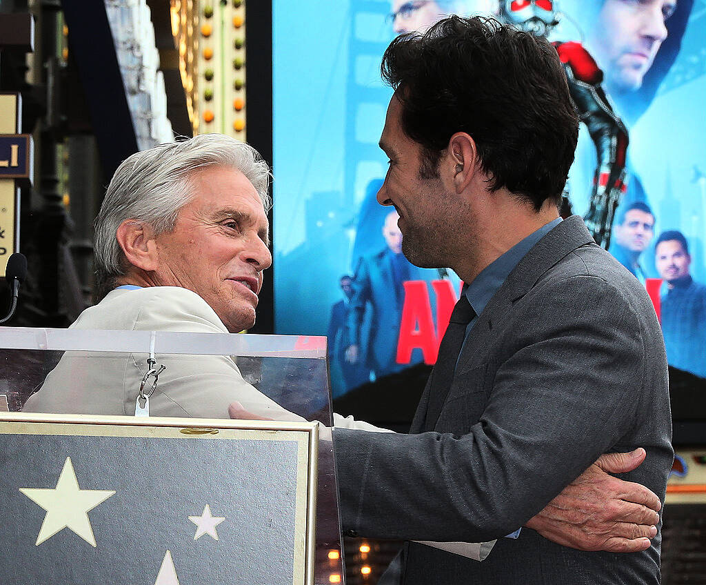 HOLLYWOOD, CA - JULY 01: Actors Michael Douglas, (L) and Paul Rudd attend ceremony honoring actor Paul Rudd with a Star on the Hollywood Walk of Fame on July 1, 2015 in Hollywood, California.  (Photo by Frederick M. Brown/Getty Images)