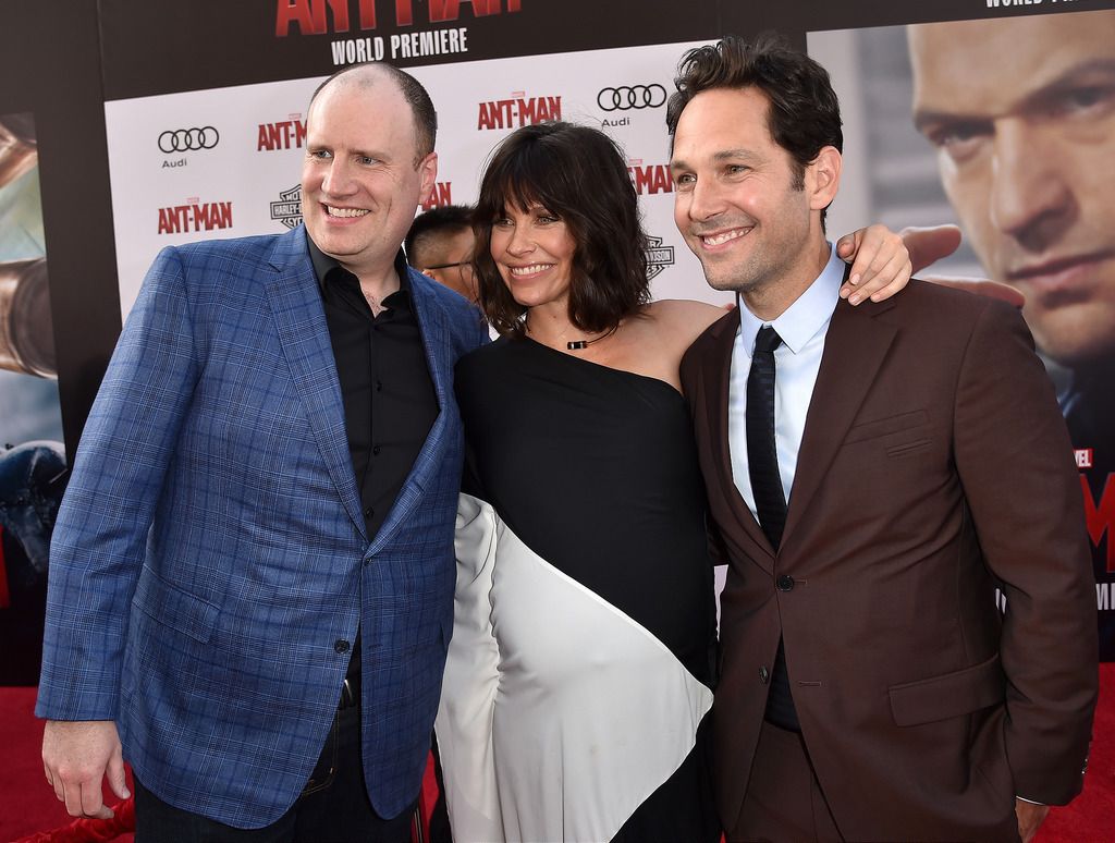 HOLLYWOOD, CA - JUNE 29:  (L-R) President of Marvel Studios Kevin Feige and actors Evangeline Lilly and Paul Rudd attend the premiere of Marvel's "Ant-Man" at the Dolby Theatre on June 29, 2015 in Hollywood, California.  (Photo by Kevin Winter/Getty Images)
