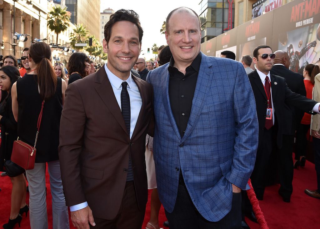 HOLLYWOOD, CA - JUNE 29:  Actor Paul Rudd (L) and president of Marvel Studios Kevin Feige attend the premiere of Marvel's "Ant-Man" at the Dolby Theatre on June 29, 2015 in Hollywood, California.  (Photo by Kevin Winter/Getty Images)