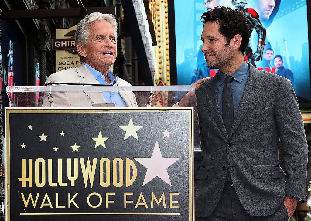 HOLLYWOOD, CA - JULY 01: Actors Michael Douglas, (L) and Paul Rudd attend ceremony honoring actor Paul Rudd with a Star on the Hollywood Walk of Fame on July 1, 2015 in Hollywood, California.  (Photo by Frederick M. Brown/Getty Images)