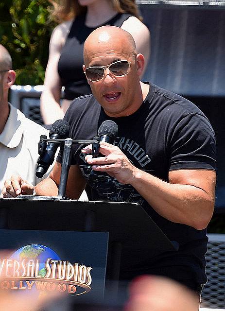 UNIVERSAL CITY, CA - JUNE 23:  Actor Vin Diesel attends the premiere press event for the new Universal Studios Hollywood Ride "Fast & Furious-Supercharged" at Universal Studios Hollywood on June 23, 2015 in Universal City, California.  (Photo by Alberto E. Rodriguez/Getty Images)