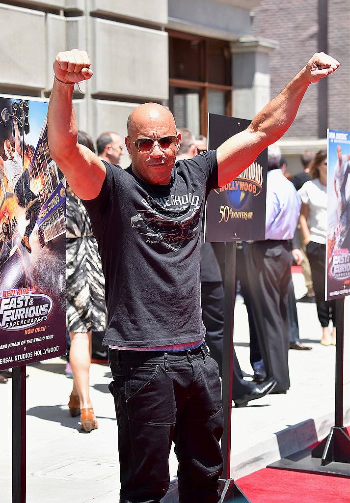 UNIVERSAL CITY, CA - JUNE 23:  Actor Vin Diesel attends the premiere press event for the new Universal Studios Hollywood Ride "Fast & Furious-Supercharged" at Universal Studios Hollywood on June 23, 2015 in Universal City, California.  (Photo by Alberto E. Rodriguez/Getty Images)