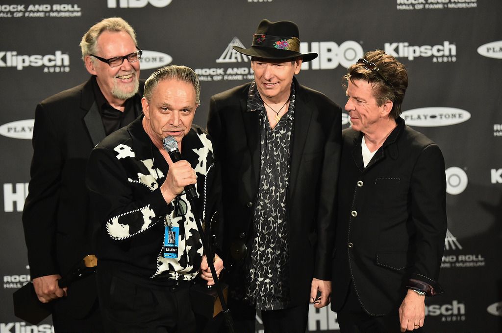 CLEVELAND, OH - APRIL 18:  Jimmie Vaughan and inductees Reese Wynans, Tommy Shannon and Chris Layton of Stevie Ray Vaughan and Double Trouble speak in the press room during the 30th Annual Rock And Roll Hall Of Fame Induction Ceremony at Public Hall on April 18, 2015 in Cleveland, Ohio.  (Photo by Michael Loccisano/Getty Images)