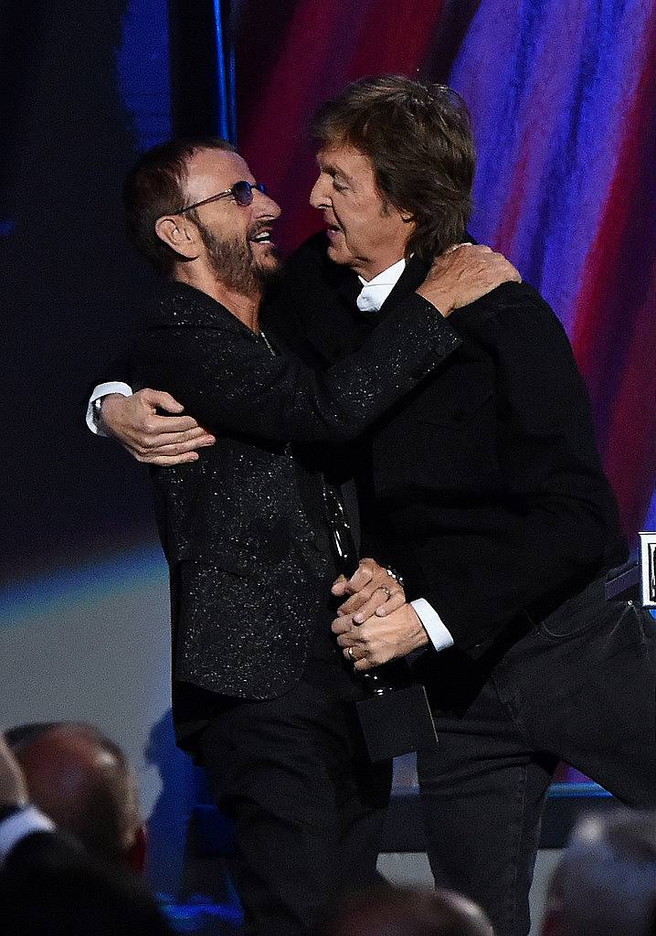 CLEVELAND, OH - APRIL 18:  Inductee Ring Starr (L) and Sir Paul McCartney speak onstage during the 30th Annual Rock And Roll Hall Of Fame Induction Ceremony at Public Hall on April 18, 2015 in Cleveland, Ohio.  (Photo by Mike Coppola/Getty Images)