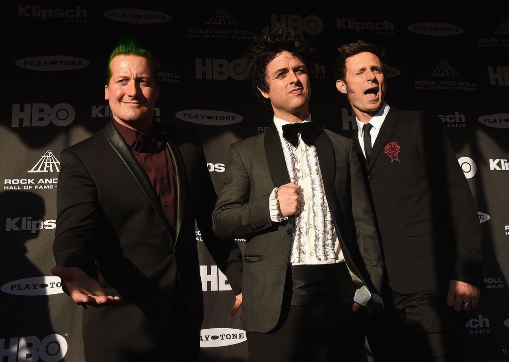 CLEVELAND, OH - APRIL 18:  (L-R) Musicians Tre Cool, Billie Joe Armstrong and Mike Dirnt of Green Day attend the 30th Annual Rock And Roll Hall Of Fame Induction Ceremony at Public Hall on April 18, 2015 in Cleveland, Ohio.  (Photo by Michael Loccisano/Getty Images)