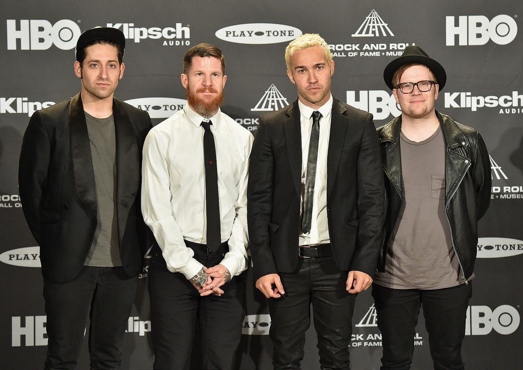 CLEVELAND, OH - APRIL 18:  (L-R) Joe Trohman, Andy Hurley, Pete Wentz and Patrick Stump of Fall Out Boy attend the 30th Annual Rock And Roll Hall Of Fame Induction Ceremony at Public Hall on April 18, 2015 in Cleveland, Ohio.  (Photo by Michael Loccisano/Getty Images)