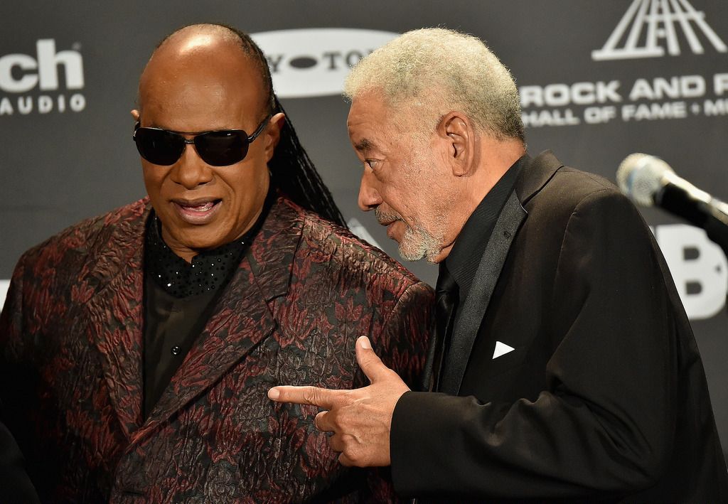 CLEVELAND, OH - APRIL 18:  Inductee Bill Withers (L) and Stevie Wonder attend the 30th Annual Rock And Roll Hall Of Fame Induction Ceremony at Public Hall on April 18, 2015 in Cleveland, Ohio.  (Photo by Michael Loccisano/Getty Images)