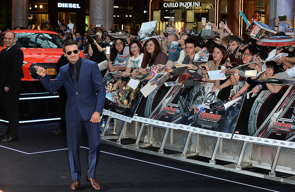 LONDON, ENGLAND - APRIL 21:  Jeremy Renner attends "The Avengers: Age Of Ultron" European premiere at Westfield London on April 21, 2015 in London, England.  (Photo by Anthony Harvey/Getty Images)