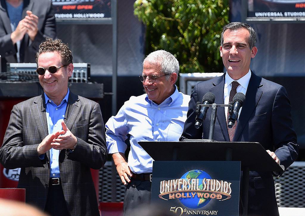 UNIVERSAL CITY, CA - JUNE 23:  Larry Kurzweil, President & COO, Universal Studios Hollywood, Ron Meyer, Vice Chairman, NBCUniversal and Los Angeles Mayor, Eric Garcetti attend the premiere press event for the new Universal Studios Hollywood Ride "Fast & Furious-Supercharged" at Universal Studios Hollywood on June 23, 2015 in Universal City, California.  (Photo by Alberto E. Rodriguez/Getty Images)