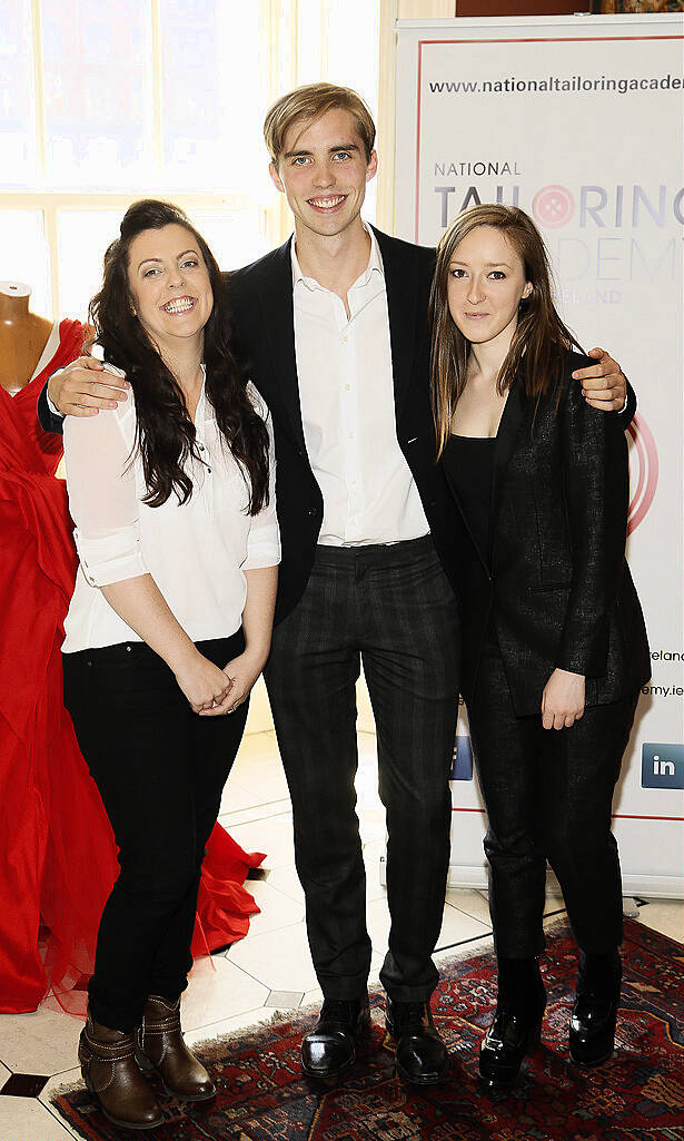 National Tailoring Academy Graduates Caroline Butler, Fionn O'Dubhghaill and Alison McEvoy at the inaugural National Tailoring Academy at Louis Copeland Graduate Fashion Show held in No 10 Ormand Quay-photo Kieran Harnett