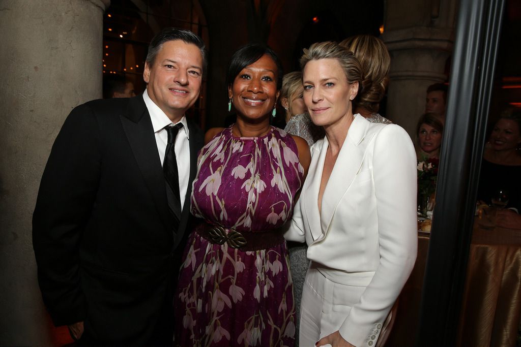 Chief Content Officer of Netflix Inc., Ted Sarandos, Nicole Avant and Robin Wright  seen at the Netflix Celebration of the 66th Primetime Emmy Awards held at the Chateau Marmont on Monday, August 25, 2014, in Los Angeles. (Photo by Eric Charbonneau/Invision for Netflix]/AP Images)