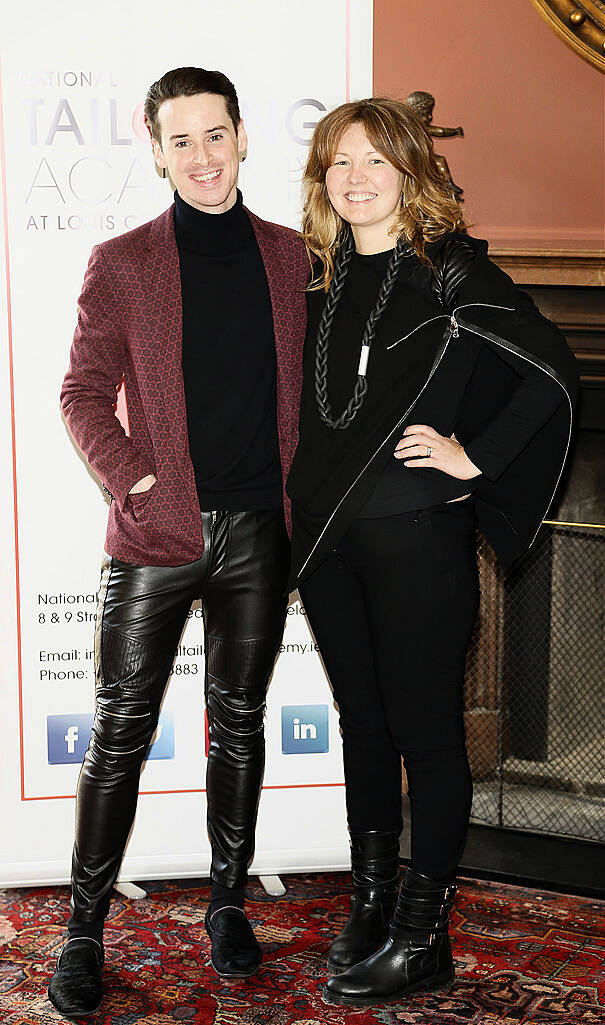 Brian Conway and Erica Harris at the inaugural National Tailoring Academy at Louis Copeland Graduate Fashion Show held in No 10 Ormand Quay-photo Kieran Harnett