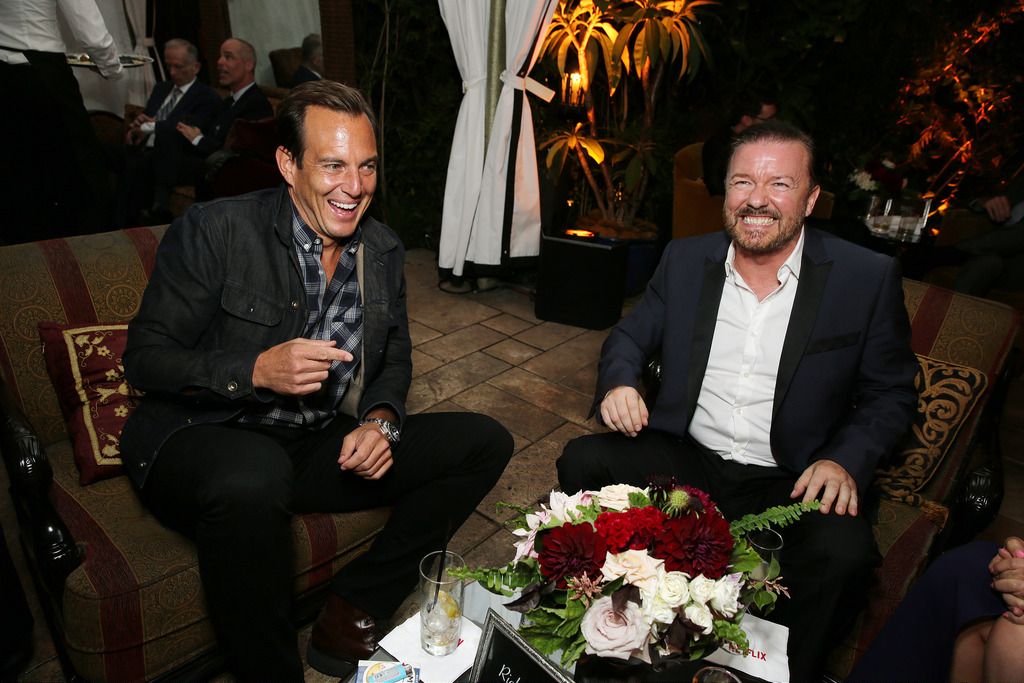 Will Arnett and Ricky Gervais seen at the Netflix Celebration of the 66th Primetime Emmy Awards held at the Chateau Marmont on Monday, August 25, 2014, in Los Angeles. (Photo by Eric Charbonneau/Invision for Netflix]/AP Images)