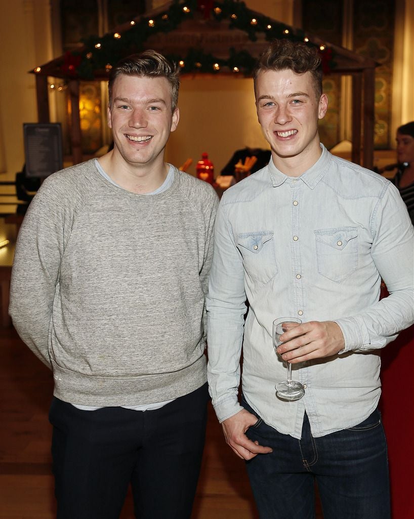 Harry Colley and CÃºÃ¡n Greene at the launch of the Lidl Deluxe Christmas Range in the Smock Alley Theatre-photo Kieran Harnett