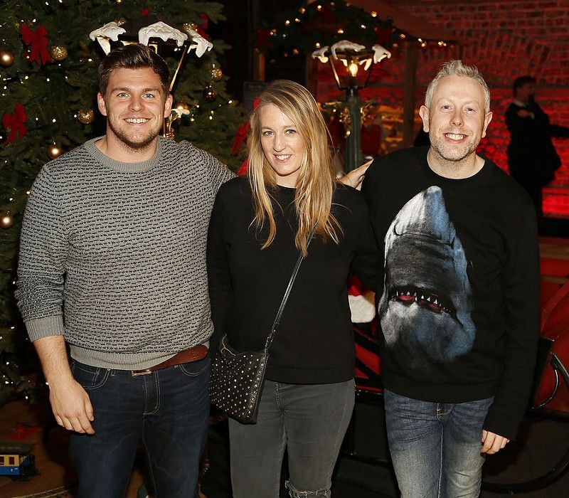 Joe Carlyle, Naomi Gaffey and Anthony Remedy at the launch of the Lidl Deluxe Christmas Range in the Smock Alley Theatre-photo Kieran Harnett