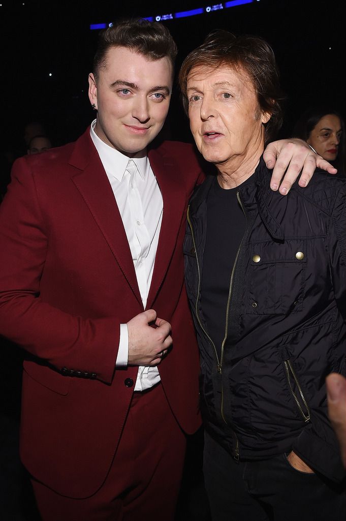 Recording Artists Sam Smith and Paul McCartney attend The 57th Annual GRAMMY Awards at the STAPLES Center on February 8, 2015 in Los Angeles, California.  (Photo by Larry Busacca/Getty Images for NARAS)