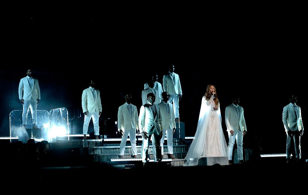 Singer Beyonce performs "Precious Lord, Take My Hand" onstage during The 57th Annual GRAMMY Awards at the at the STAPLES Center on February 8, 2015 in Los Angeles, California.  (Photo by Kevork Djansezian/Getty Images)