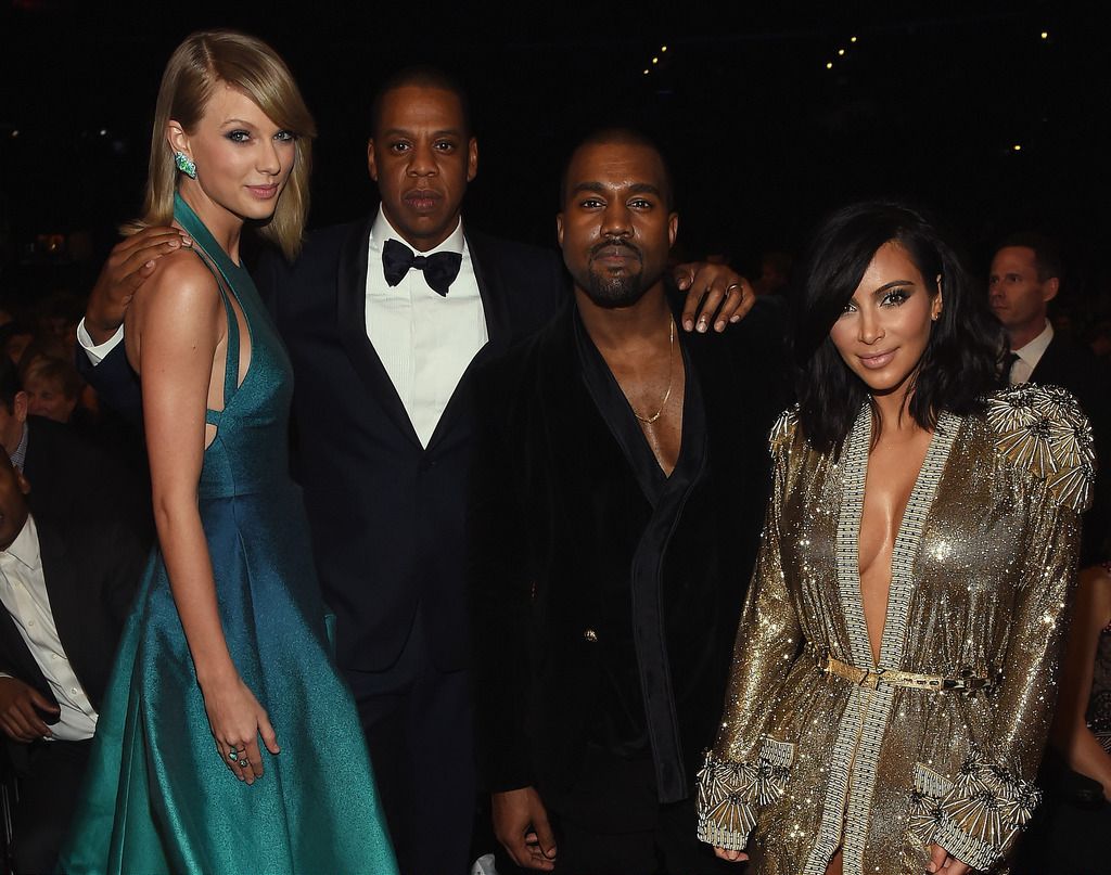 Recording Artists Taylor Swift, Jay Z and Kanye West and tv personality Kim Kardashian attend The 57th Annual GRAMMY Awards at the STAPLES Center on February 8, 2015 in Los Angeles, California.  (Photo by Larry Busacca/Getty Images for NARAS)