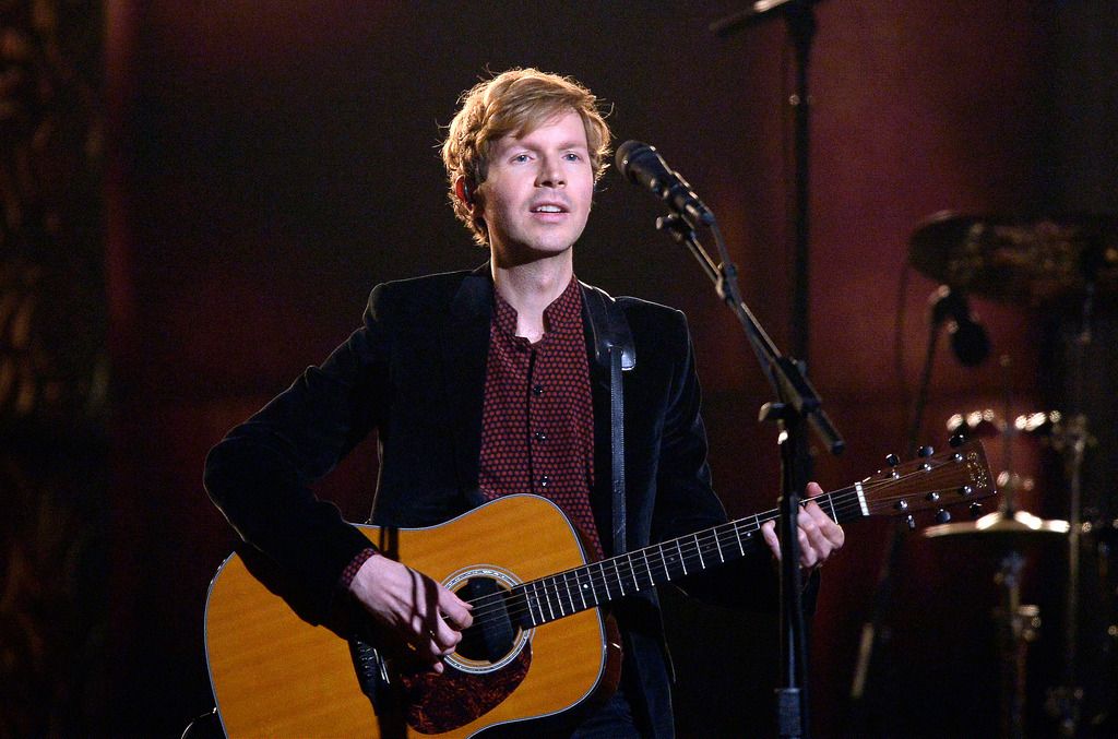 Recording artist Beck performs "Heart Is a Drum" onstage during The 57th Annual GRAMMY Awards at the at the STAPLES Center on February 8, 2015 in Los Angeles, California.  (Photo by Kevork Djansezian/Getty Images)