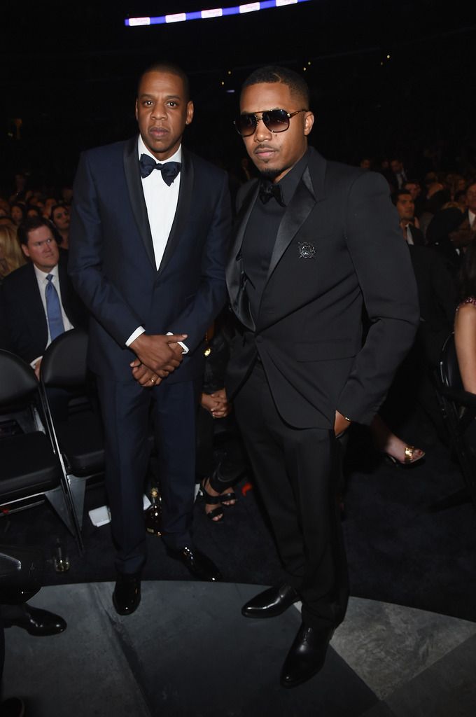 Rappers Jay Z and Nas attend The 57th Annual GRAMMY Awards at the STAPLES Center on February 8, 2015 in Los Angeles, California.  (Photo by Larry Busacca/Getty Images for NARAS)