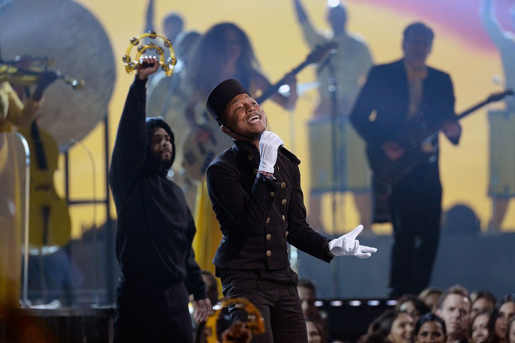 Singer Pharrell Williams performs "Happy" onstage during The 57th Annual GRAMMY Awards at the at the STAPLES Center on February 8, 2015 in Los Angeles, California.  (Photo by Kevork Djansezian/Getty Images)
