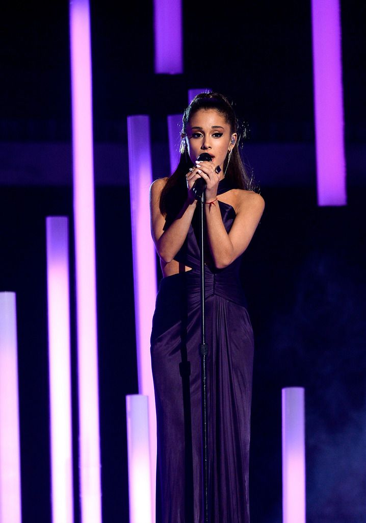 Singer Ariana Grande performs "Just a Little Bit of Your Heart" onstage during The 57th Annual GRAMMY Awards at the at the STAPLES Center on February 8, 2015 in Los Angeles, California.  (Photo by Kevork Djansezian/Getty Images)