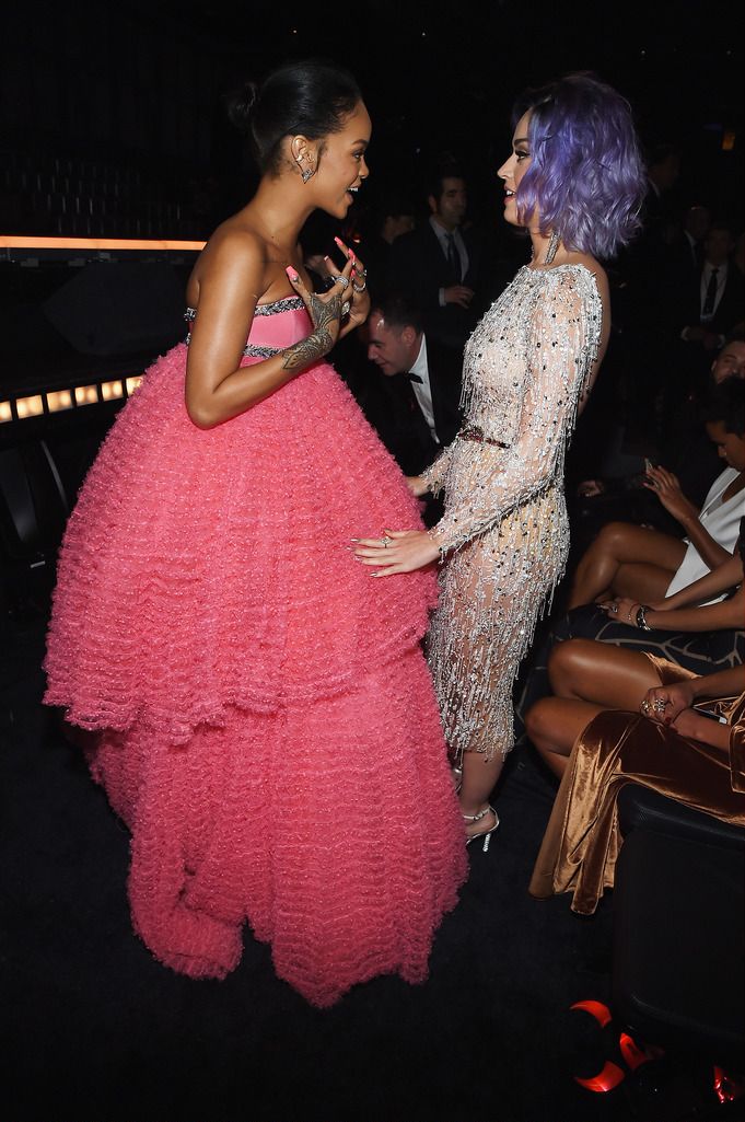 Recording Artists Rihanna and Katy Perry attend The 57th Annual GRAMMY Awards at the STAPLES Center on February 8, 2015 in Los Angeles, California.  (Photo by Larry Busacca/Getty Images for NARAS)